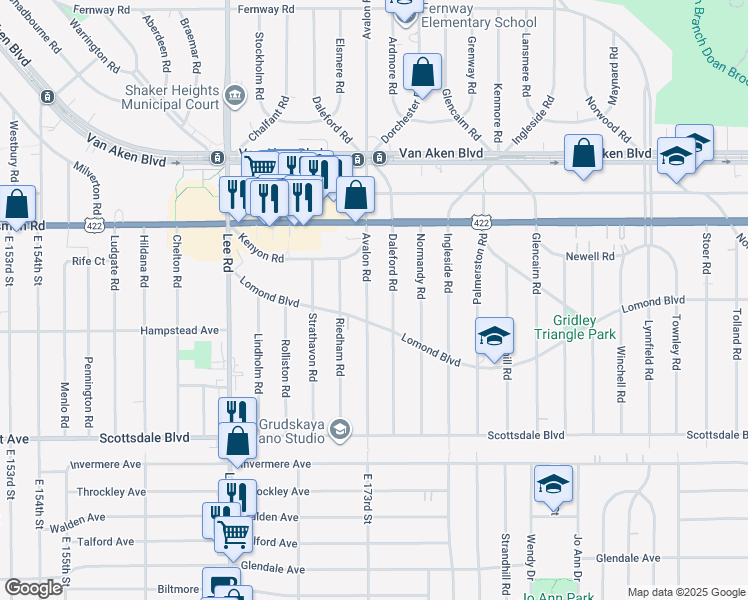 map of restaurants, bars, coffee shops, grocery stores, and more near 17323 Lomond Boulevard in Shaker Heights