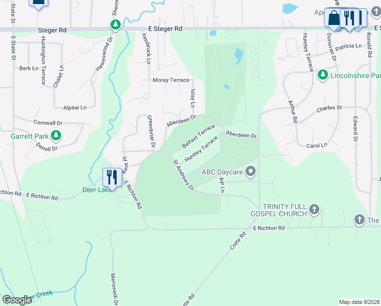 map of restaurants, bars, coffee shops, grocery stores, and more near 575 Huntley Terrace in Crete