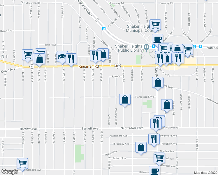 map of restaurants, bars, coffee shops, grocery stores, and more near 3584 Menlo Road in Shaker Heights