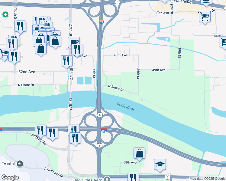 map of restaurants, bars, coffee shops, grocery stores, and more near 3210 North Shore Drive in Moline