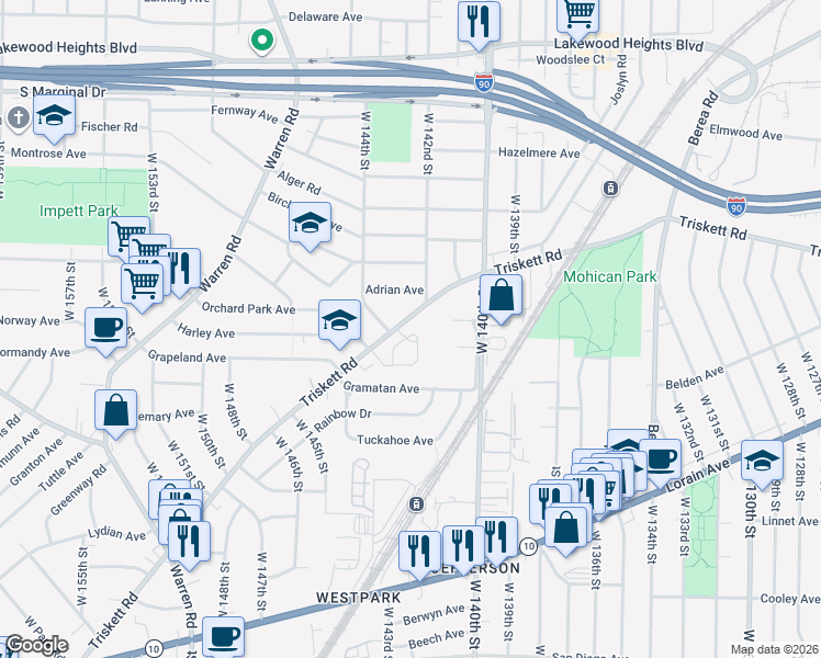 map of restaurants, bars, coffee shops, grocery stores, and more near 14229 Triskett Road in Cleveland