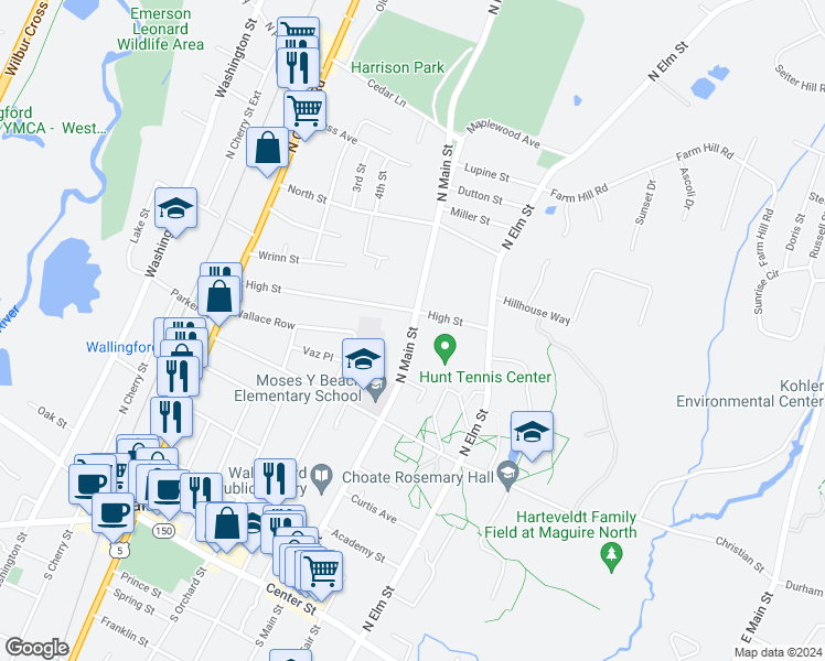 map of restaurants, bars, coffee shops, grocery stores, and more near 414 North Main Street in Wallingford