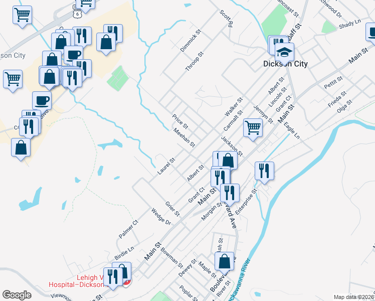 map of restaurants, bars, coffee shops, grocery stores, and more near 733 Carmalt Street in Dickson City
