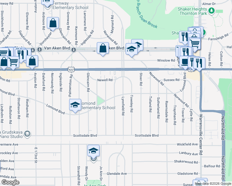 map of restaurants, bars, coffee shops, grocery stores, and more near 18714 Lomond Boulevard in Shaker Heights