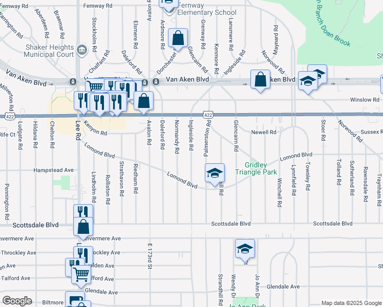 map of restaurants, bars, coffee shops, grocery stores, and more near 3605 Ingleside Road in Shaker Heights