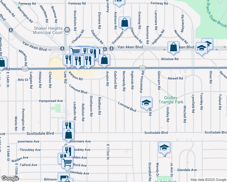 map of restaurants, bars, coffee shops, grocery stores, and more near 17323 Lomond Boulevard in Shaker Heights