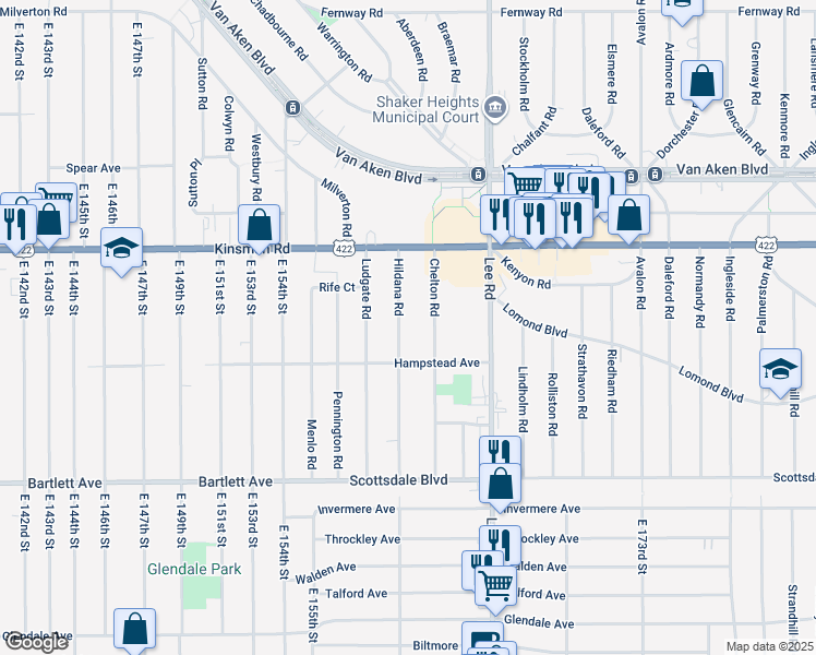 map of restaurants, bars, coffee shops, grocery stores, and more near 3603 Hildana Road in Shaker Heights
