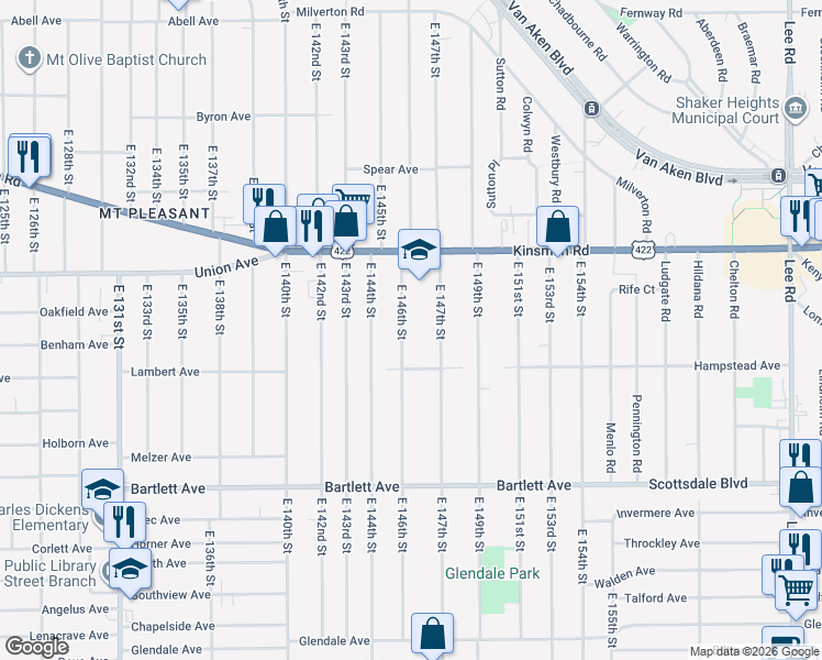 map of restaurants, bars, coffee shops, grocery stores, and more near 3598 East 146th Street in Cleveland
