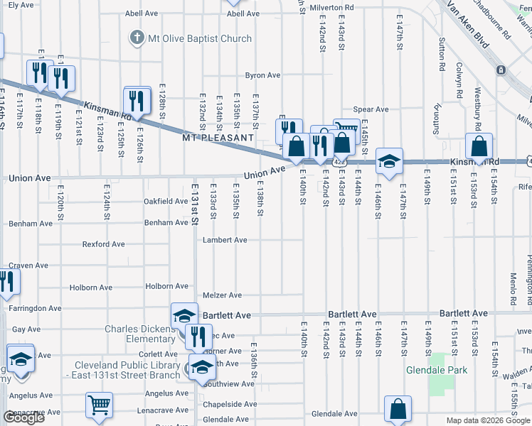 map of restaurants, bars, coffee shops, grocery stores, and more near 3590 East 139th Street in Cleveland