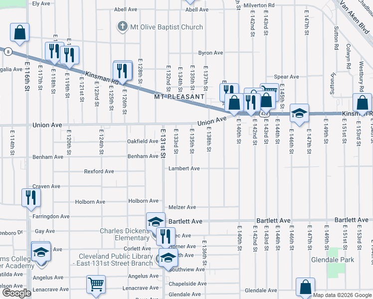 map of restaurants, bars, coffee shops, grocery stores, and more near 3581 East 133rd Street in Cleveland