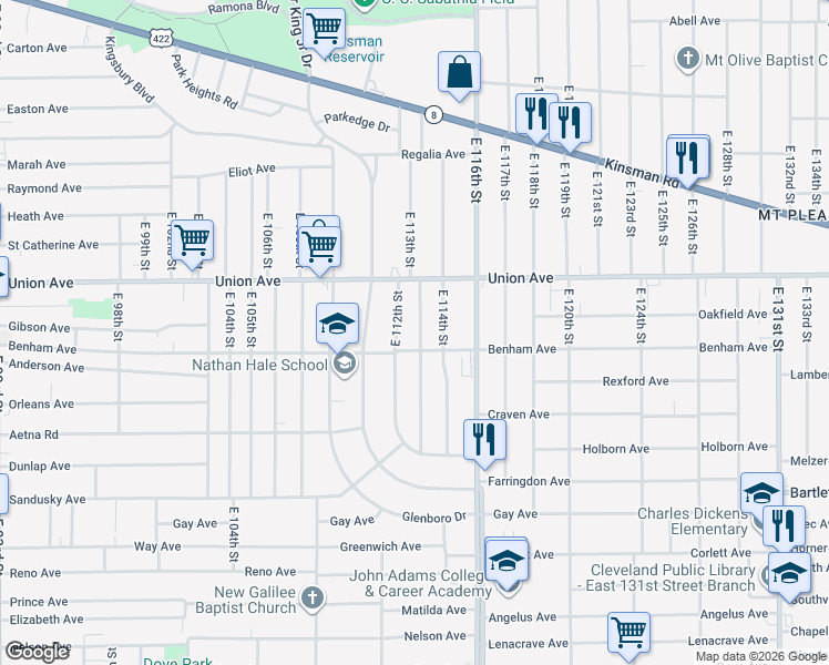 map of restaurants, bars, coffee shops, grocery stores, and more near 3577 East 112th Street in Cleveland