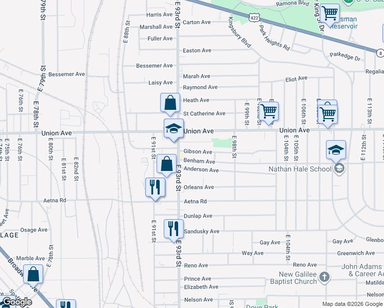map of restaurants, bars, coffee shops, grocery stores, and more near 3573 East 93rd Street in Cleveland