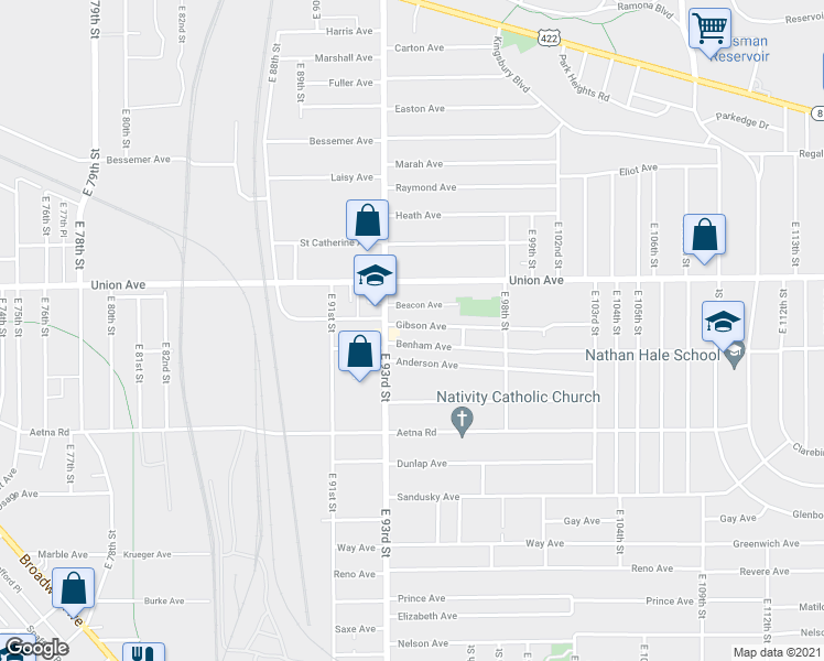 map of restaurants, bars, coffee shops, grocery stores, and more near 3573 East 93rd Street in Cleveland