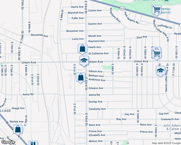 map of restaurants, bars, coffee shops, grocery stores, and more near 3573 East 93rd Street in Cleveland