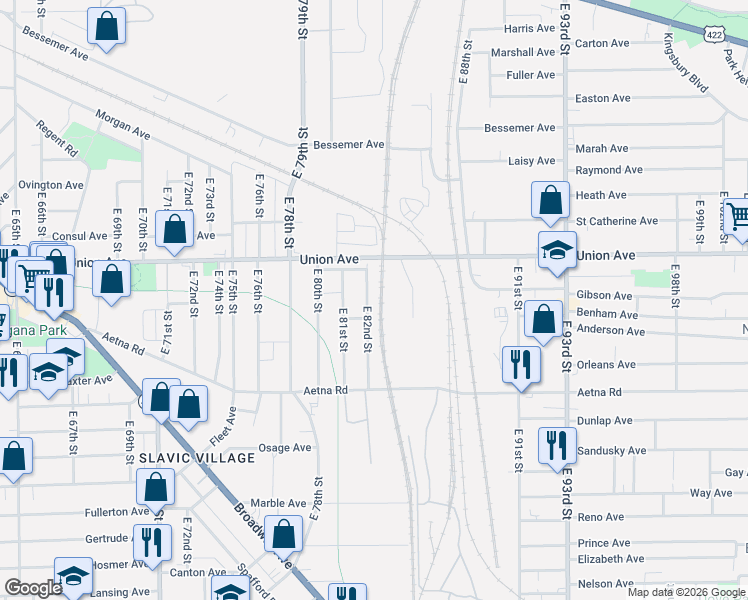 map of restaurants, bars, coffee shops, grocery stores, and more near 3563 East 82nd Street in Cleveland