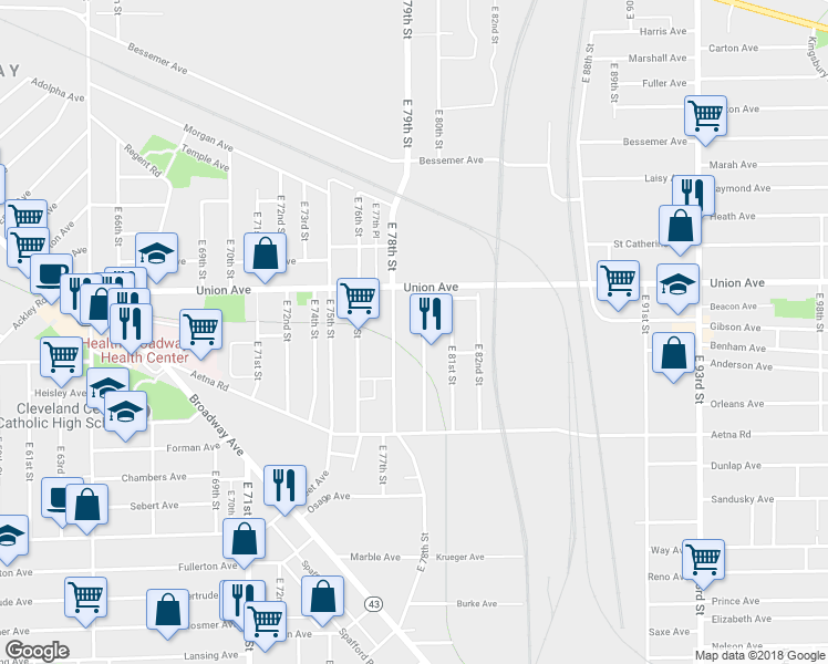 map of restaurants, bars, coffee shops, grocery stores, and more near 3551 East 78th Street in Cleveland