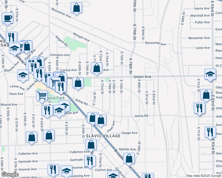 map of restaurants, bars, coffee shops, grocery stores, and more near 3566 East 75th Street in Cleveland