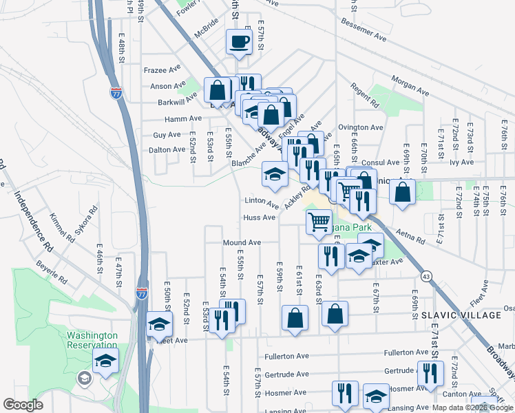 map of restaurants, bars, coffee shops, grocery stores, and more near 5802 Huss Avenue in Cleveland