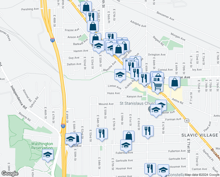 map of restaurants, bars, coffee shops, grocery stores, and more near 5607 Huss Avenue in Cleveland