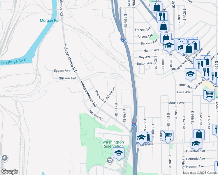 map of restaurants, bars, coffee shops, grocery stores, and more near 3586 Sykora Road in Cleveland