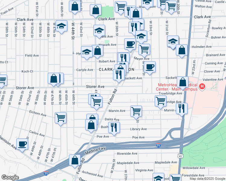 map of restaurants, bars, coffee shops, grocery stores, and more near in Cleveland