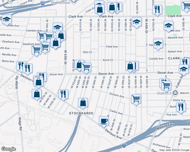 map of restaurants, bars, coffee shops, grocery stores, and more near 3414 West 54th Street in Cleveland