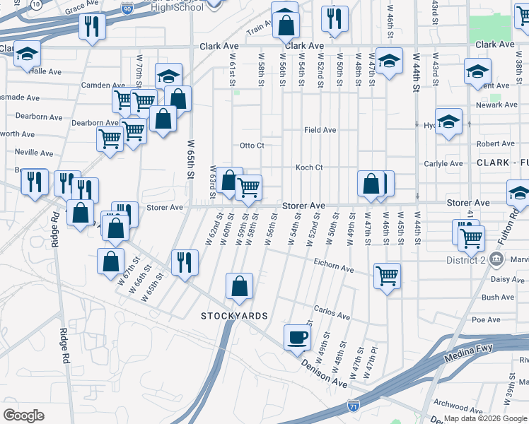 map of restaurants, bars, coffee shops, grocery stores, and more near 3407 West 58th Street in Cleveland