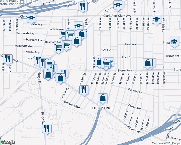 map of restaurants, bars, coffee shops, grocery stores, and more near 3416 West 62nd Street in Cleveland