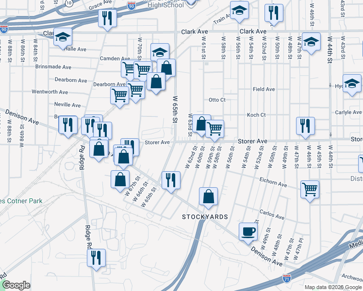 map of restaurants, bars, coffee shops, grocery stores, and more near 3416 West 62nd Street in Cleveland