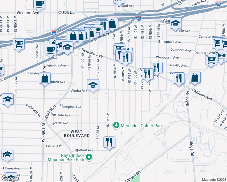 map of restaurants, bars, coffee shops, grocery stores, and more near 3385 West 95th Street in Cleveland