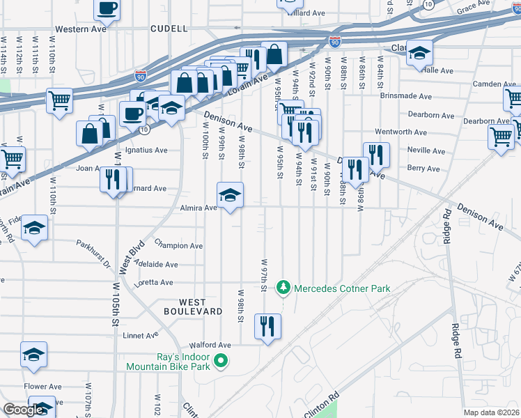 map of restaurants, bars, coffee shops, grocery stores, and more near 3402 West 97th Street in Cleveland