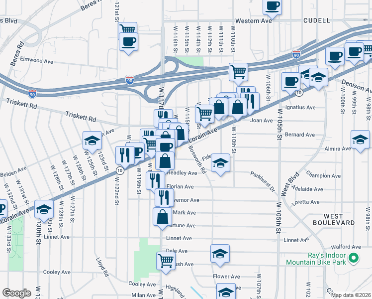 map of restaurants, bars, coffee shops, grocery stores, and more near 3320 Bosworth Road in Cleveland