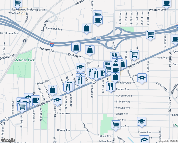 map of restaurants, bars, coffee shops, grocery stores, and more near 3343 West 123rd Street in Cleveland