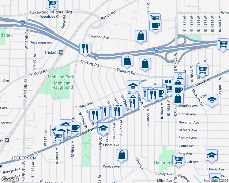 map of restaurants, bars, coffee shops, grocery stores, and more near 3353 West 127th Street in Cleveland