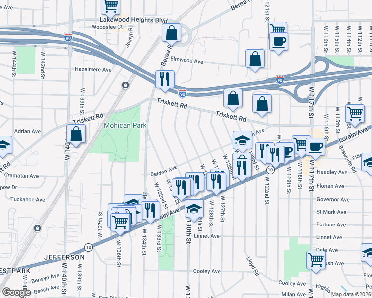 map of restaurants, bars, coffee shops, grocery stores, and more near 3346 West 129th Street in Cleveland