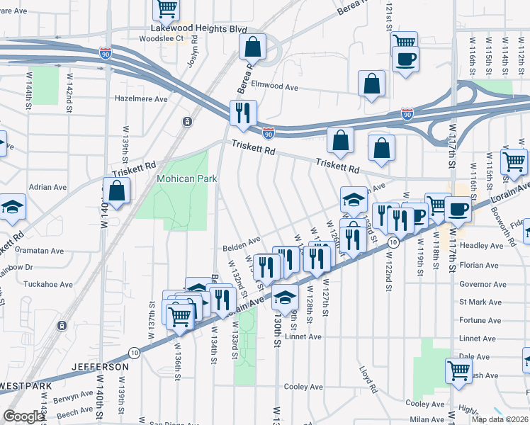 map of restaurants, bars, coffee shops, grocery stores, and more near 3346 West 129th Street in Cleveland