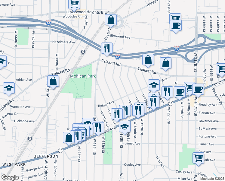 map of restaurants, bars, coffee shops, grocery stores, and more near 3347 West 131st Street in Cleveland