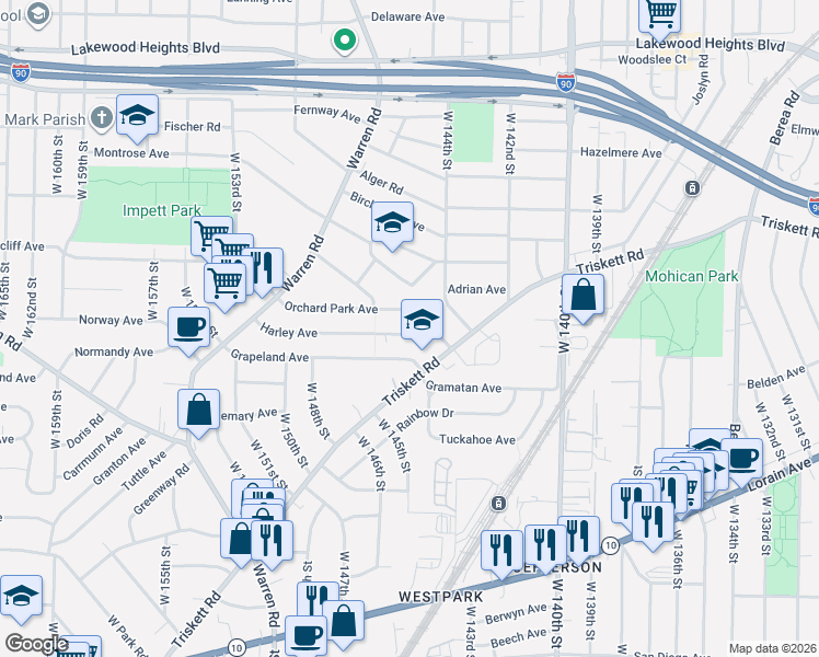 map of restaurants, bars, coffee shops, grocery stores, and more near 14538 Grapeland Avenue in Cleveland