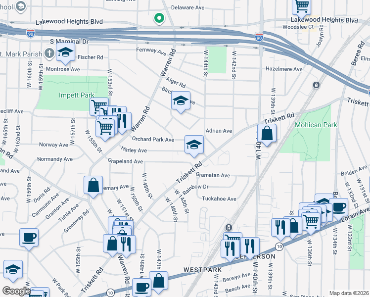 map of restaurants, bars, coffee shops, grocery stores, and more near 14538 Grapeland Avenue in Cleveland