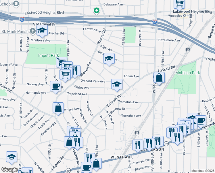 map of restaurants, bars, coffee shops, grocery stores, and more near 14538 Grapeland Avenue in Cleveland