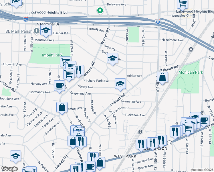 map of restaurants, bars, coffee shops, grocery stores, and more near 14622 Grapeland Avenue in Cleveland