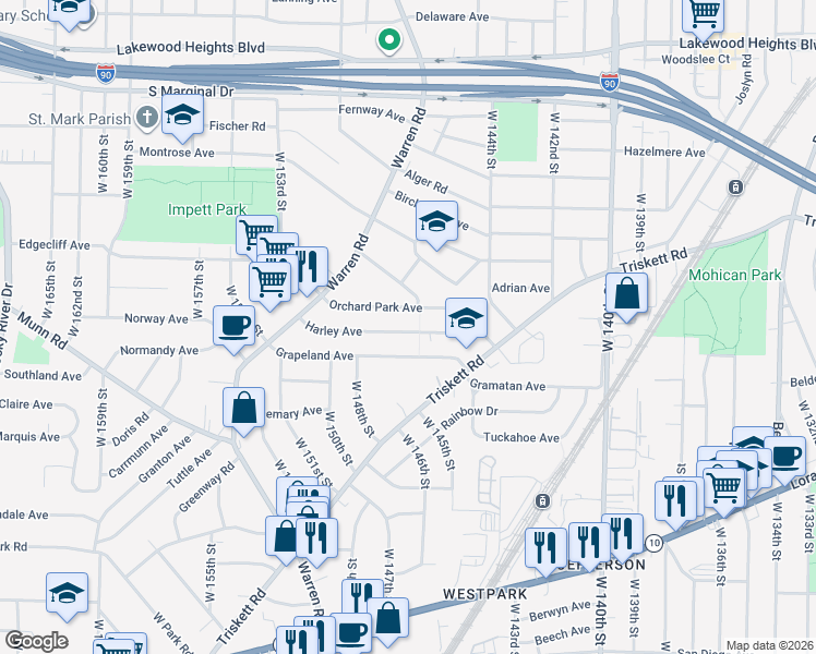 map of restaurants, bars, coffee shops, grocery stores, and more near 14622 Grapeland Avenue in Cleveland