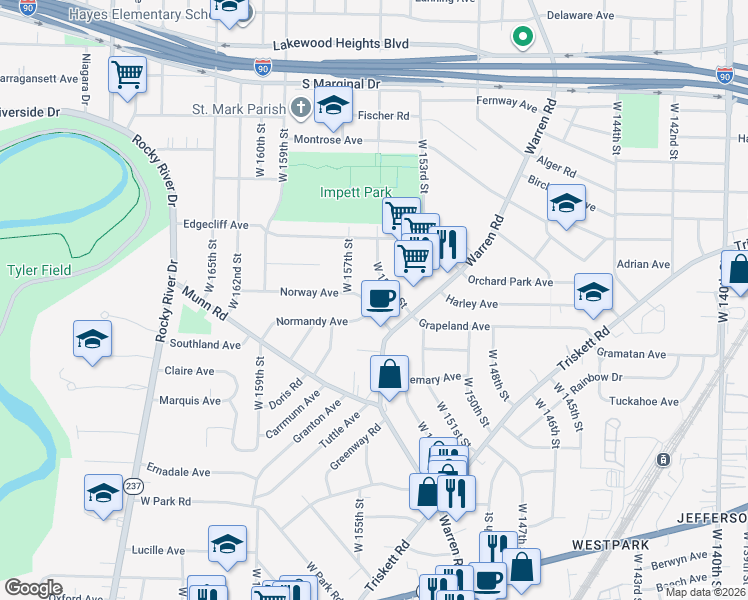 map of restaurants, bars, coffee shops, grocery stores, and more near 15613 Normandy Avenue in Cleveland