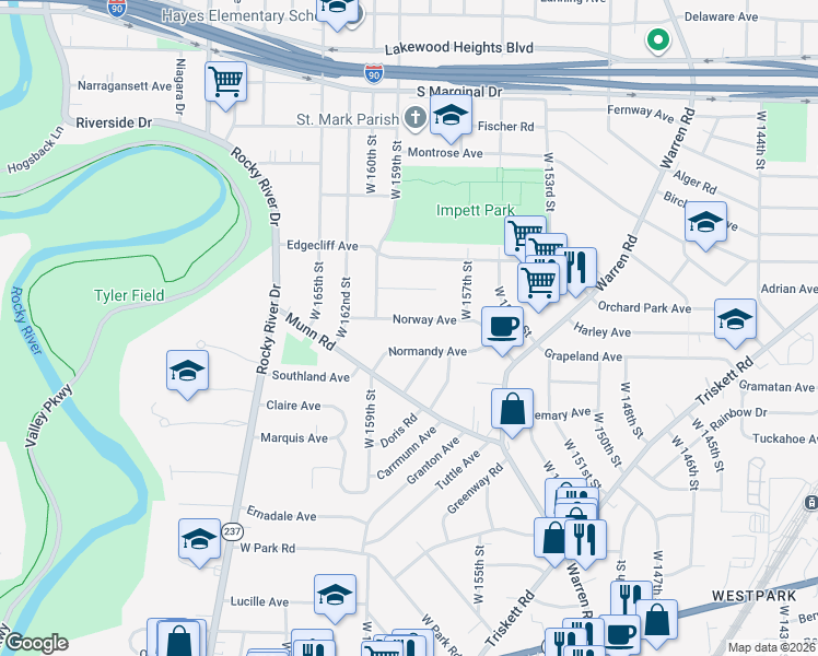 map of restaurants, bars, coffee shops, grocery stores, and more near 15830 Normandy Avenue in Cleveland