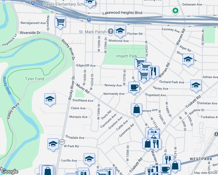 map of restaurants, bars, coffee shops, grocery stores, and more near 15830 Normandy Avenue in Cleveland