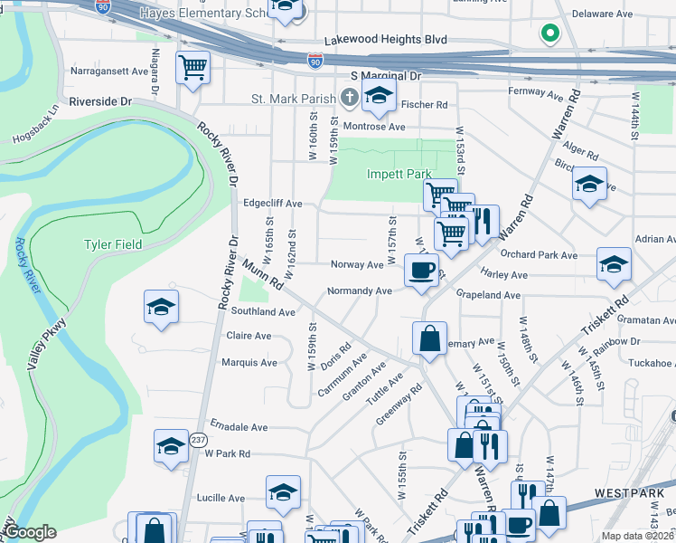 map of restaurants, bars, coffee shops, grocery stores, and more near 15830 Normandy Avenue in Cleveland