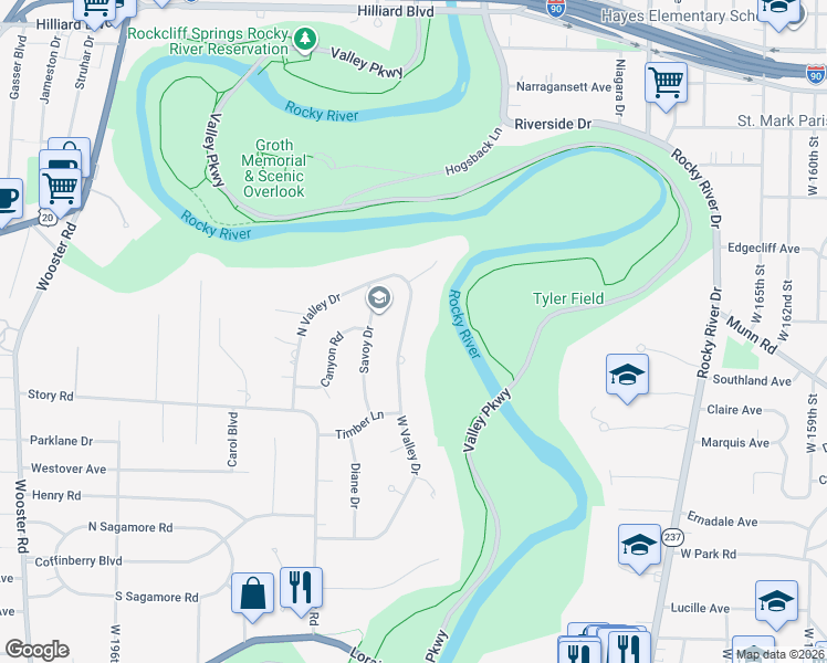 map of restaurants, bars, coffee shops, grocery stores, and more near 3871 West Valley Drive in Fairview Park