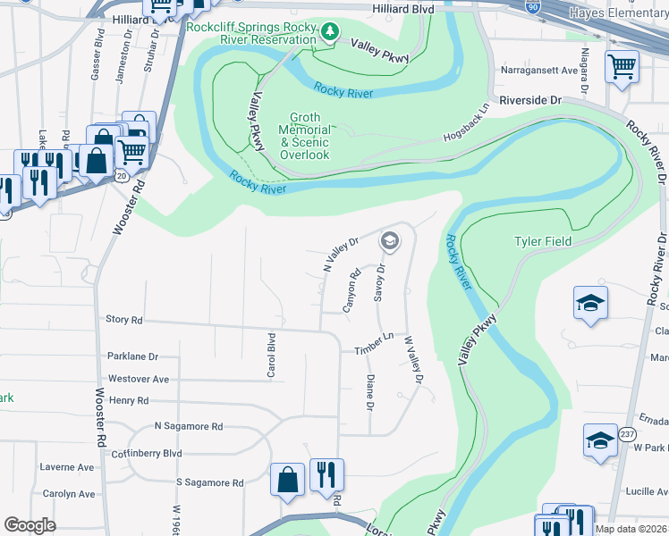 map of restaurants, bars, coffee shops, grocery stores, and more near 3873 North Valley Drive in Fairview Park