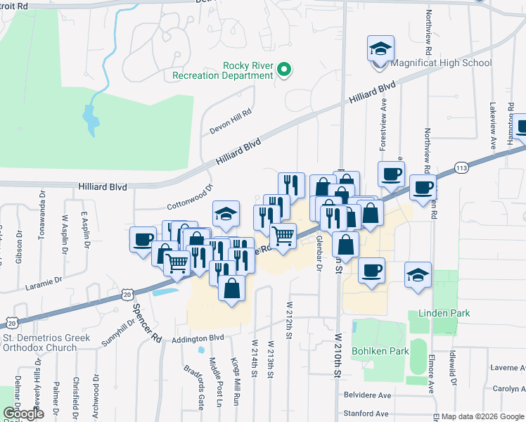 map of restaurants, bars, coffee shops, grocery stores, and more near 2900 Pease Drive in Rocky River