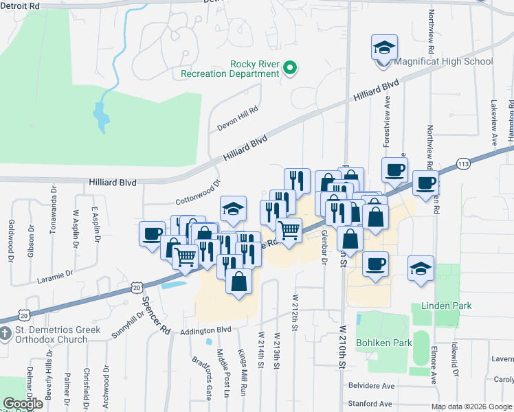 map of restaurants, bars, coffee shops, grocery stores, and more near 2900 Pease Drive in Rocky River